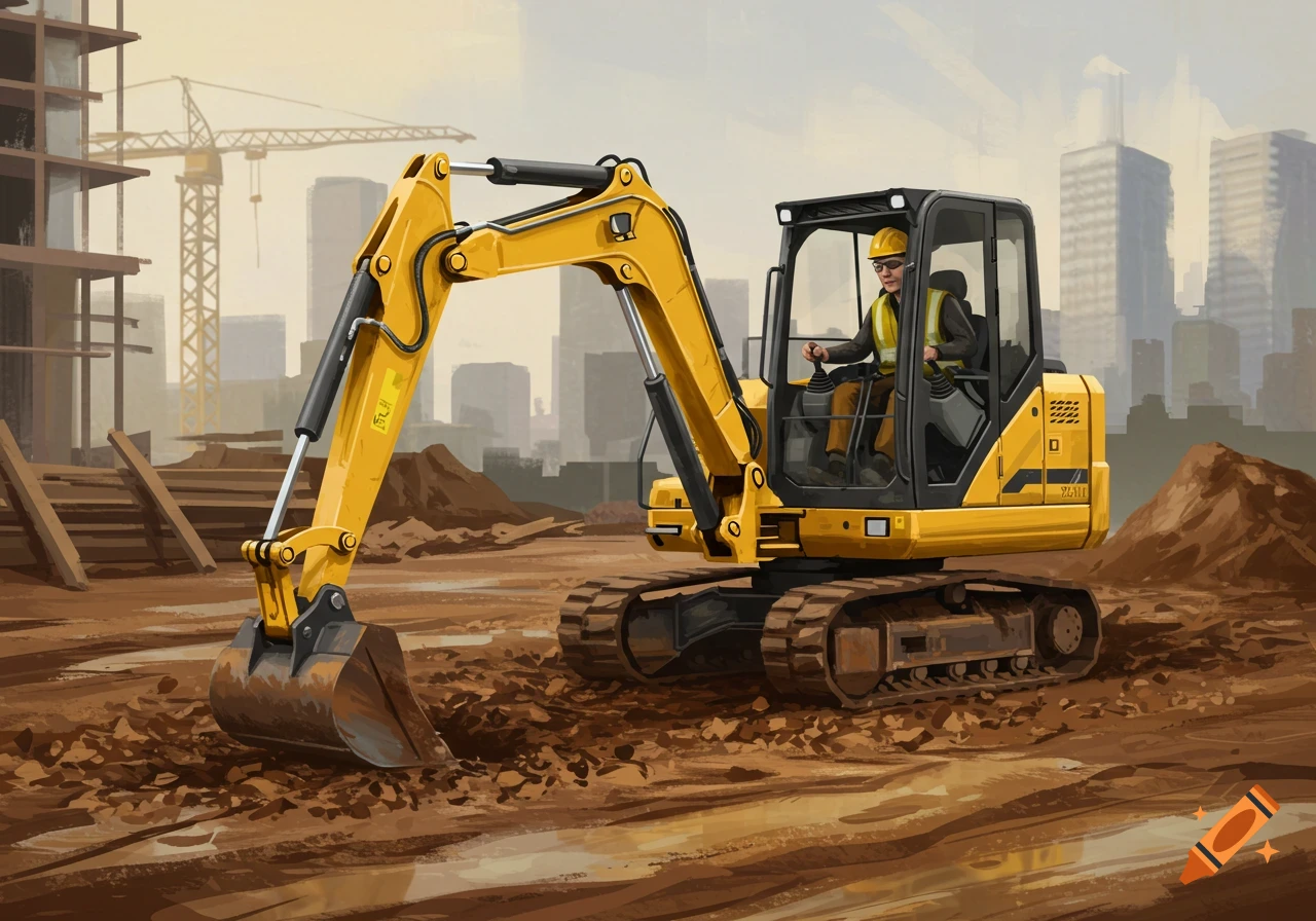 A person operates a yellow excavator at a construction site.