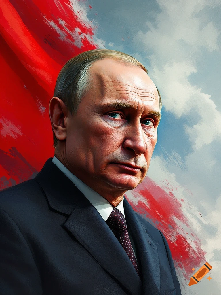 portrait of Vladimir Putin against a red and grey background