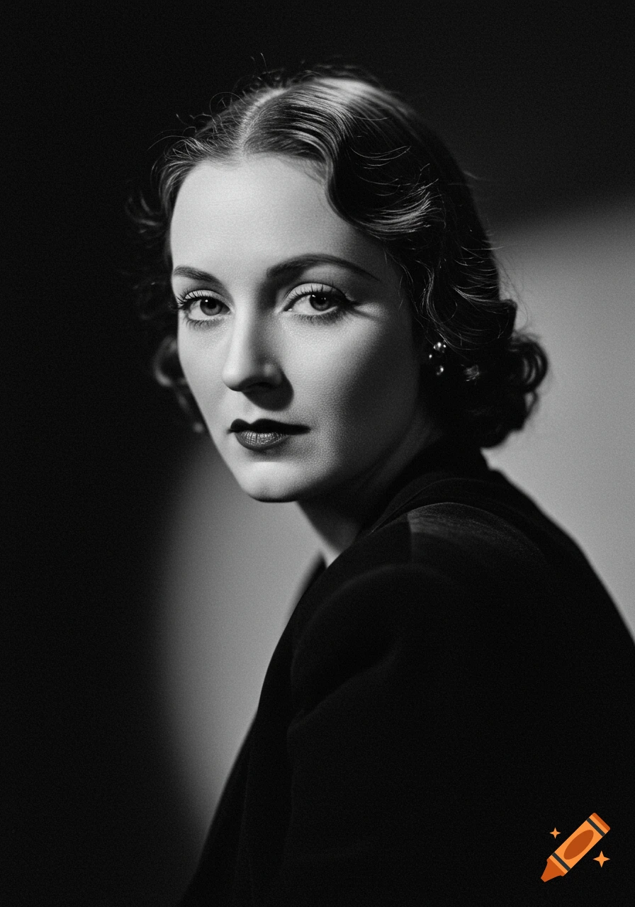 Black and white portrait of a woman in 1920s style, looking over her shoulder with dramatic lighting.