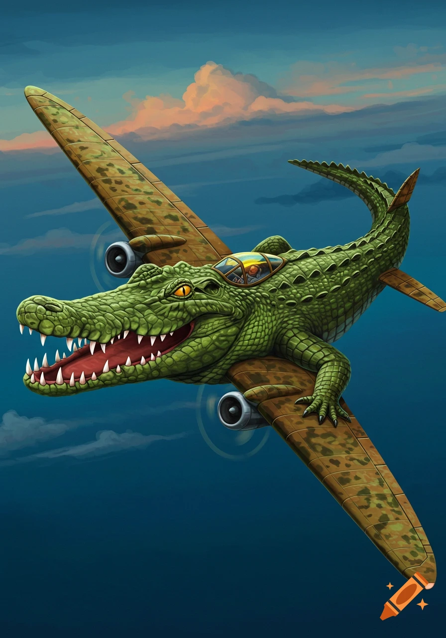A crocodile-shaped airplane flying in the sky.