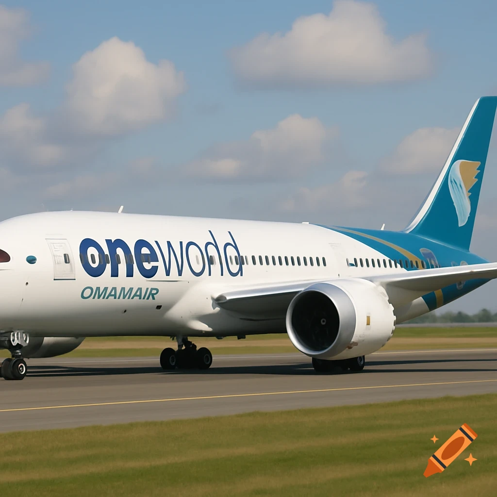 An Oman Air Boeing 787 in Oneworld livery is taxiing on a runway.
