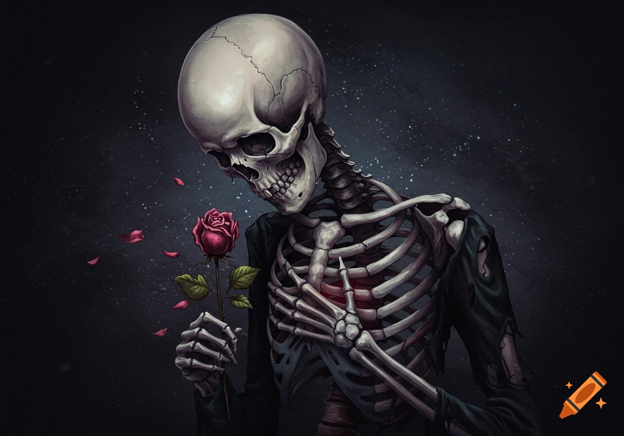 A sad skeleton holding a red rose with falling petals.