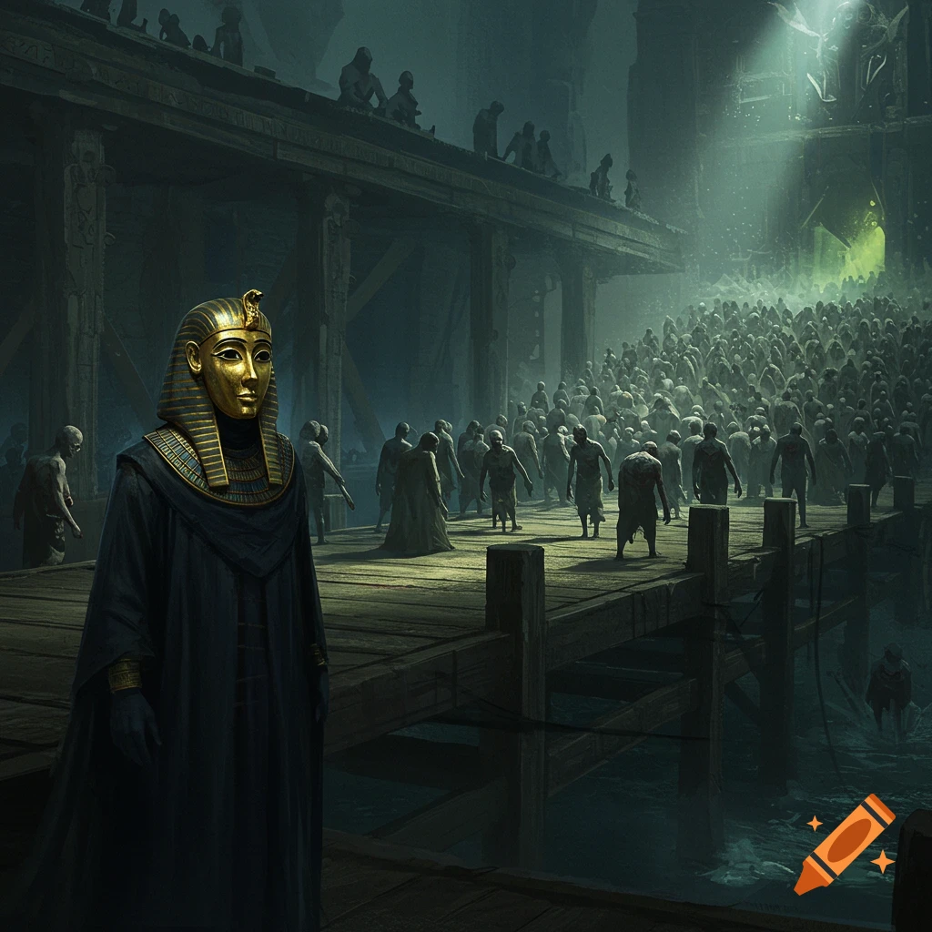Figure with gold Egyptian mask stands on a dark wharf, facing viewer, as crowd moves toward glowing portal in distance.