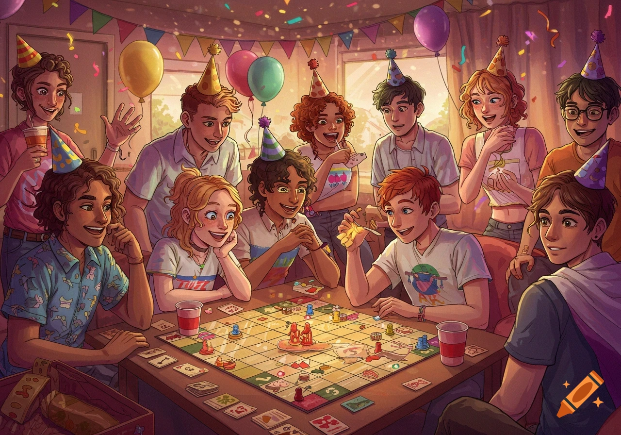Young people playing a board game at a birthday party.