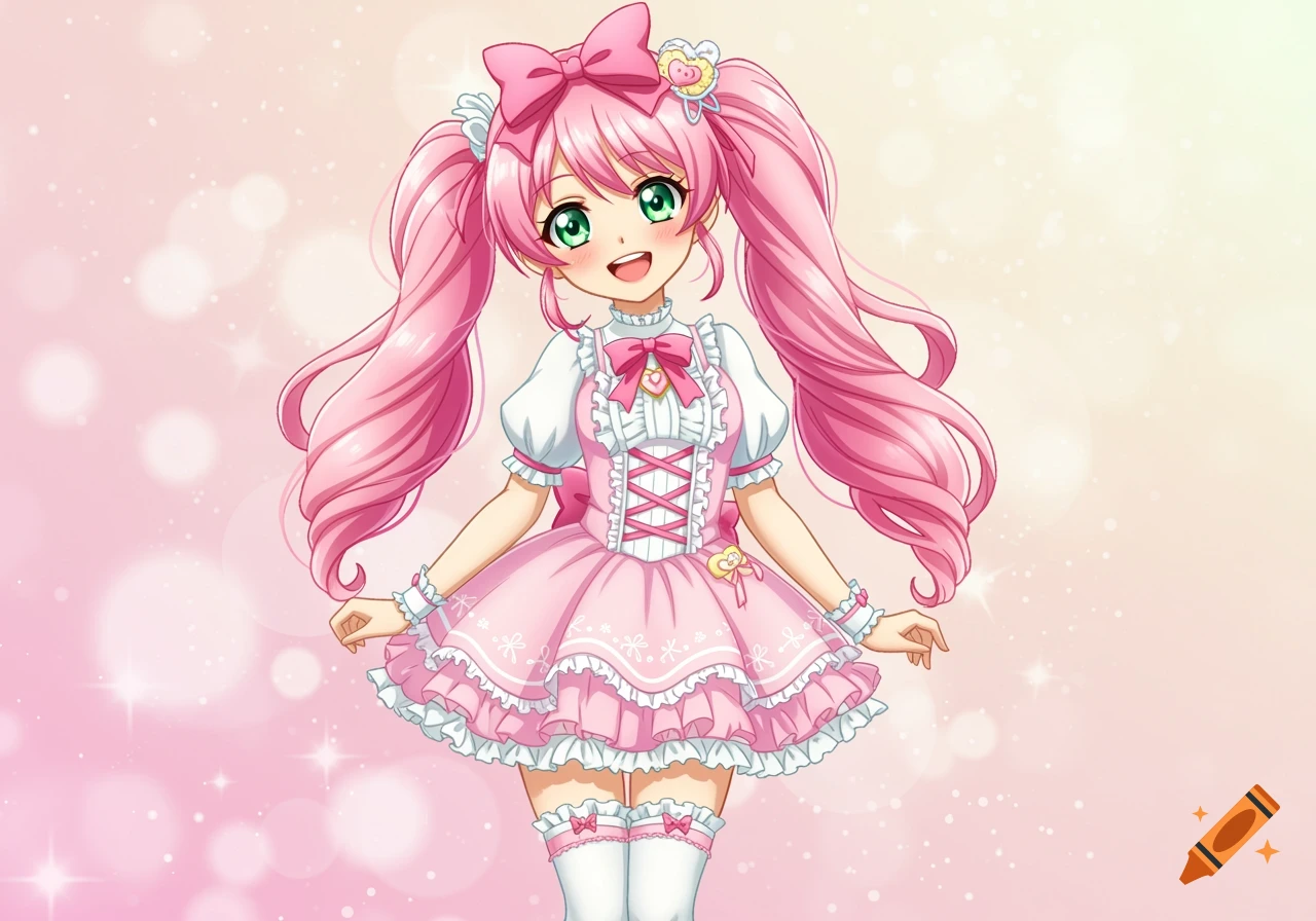 Cute anime girl with pink twintails and green eyes wears a pink frilly dress on a pink background.