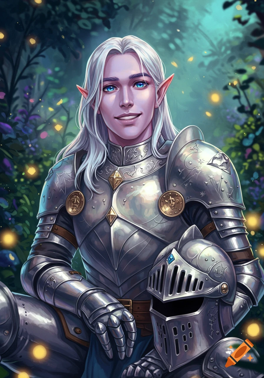 A smiling elven knight with silver hair and blue eyes in armor in a magical forest.