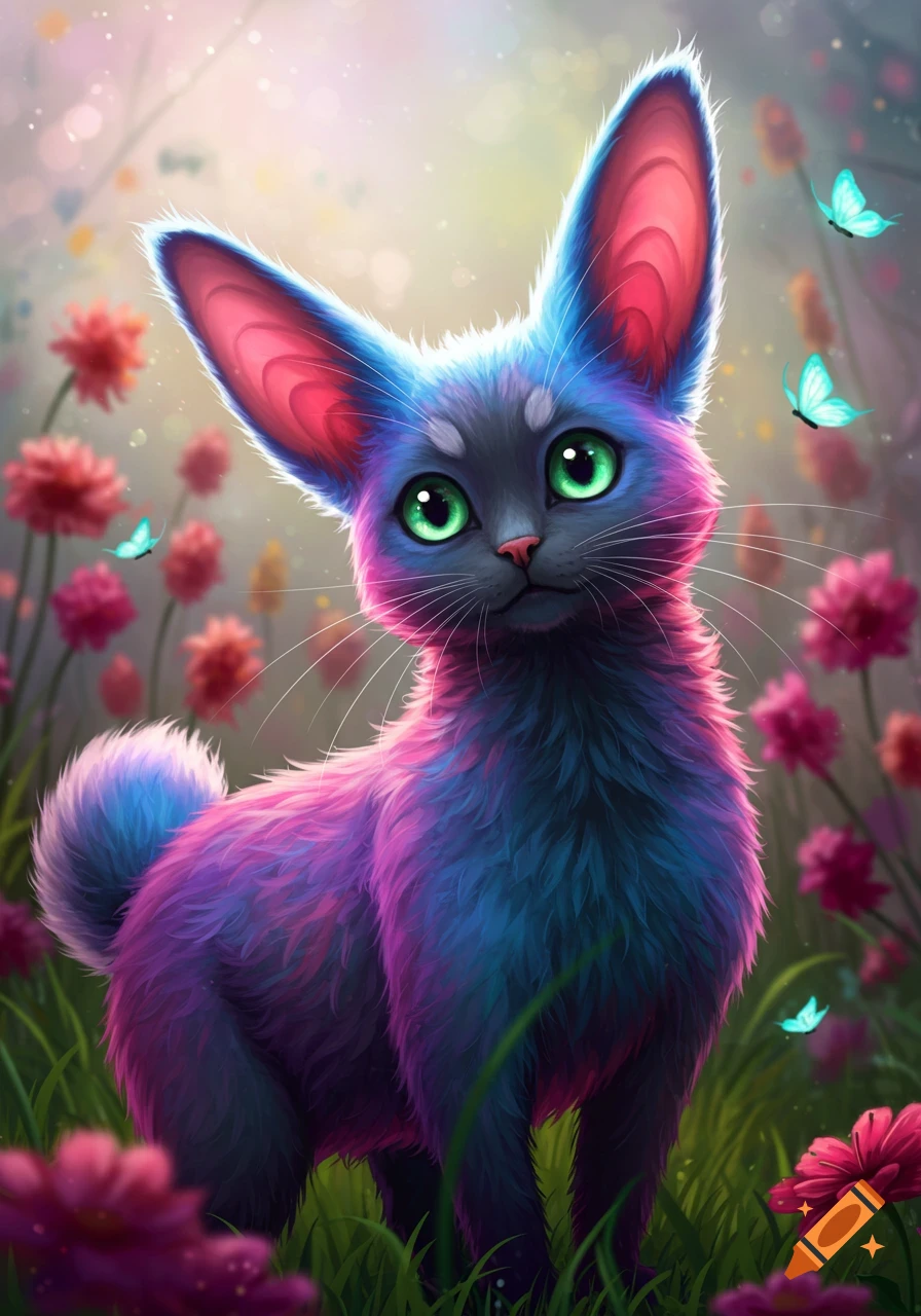 A colorful cat/bunny hybrid creature in a garden with flowers and butterflies.
