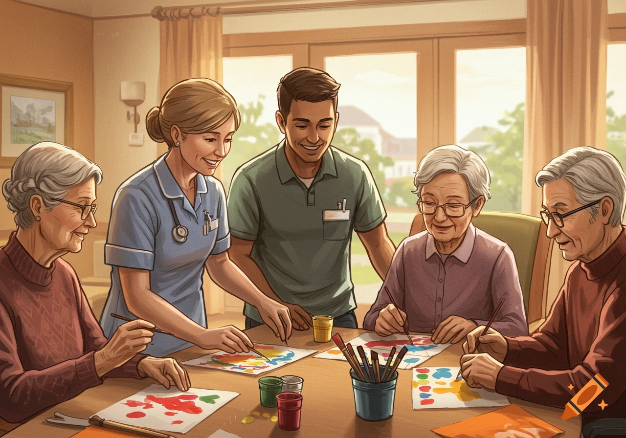 Seniors and caregivers are gathered around a table, engaged in watercolor painting.