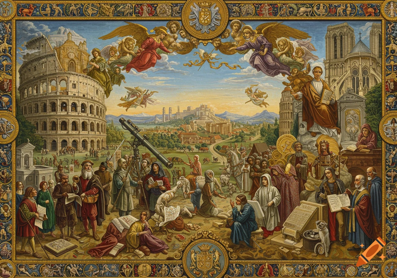Detailed historical painting of figures, science, and architecture like Colosseum, Notre Dame, and Pisa Tower, with angels.