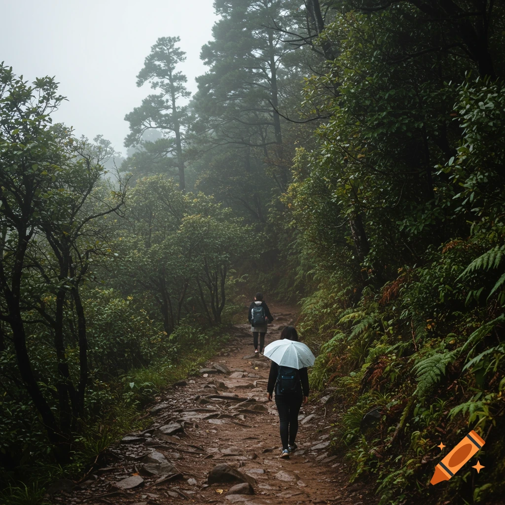 People hike on a rocky path through a misty forest.