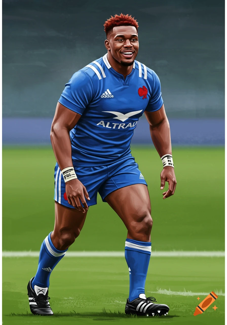 A rugby player in a blue uniform stands on a field.