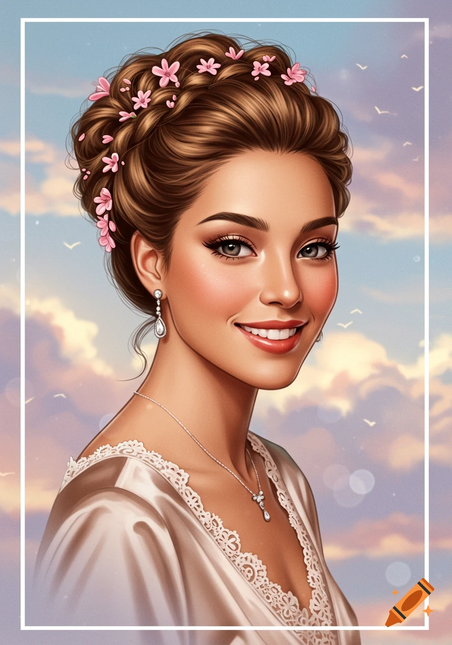 Portrait of a woman with an updo hairstyle adorned with pink flowers against a cloudy sky.