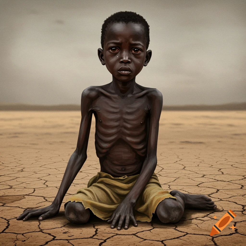 Emaciated boy sits on cracked earth in a barren landscape