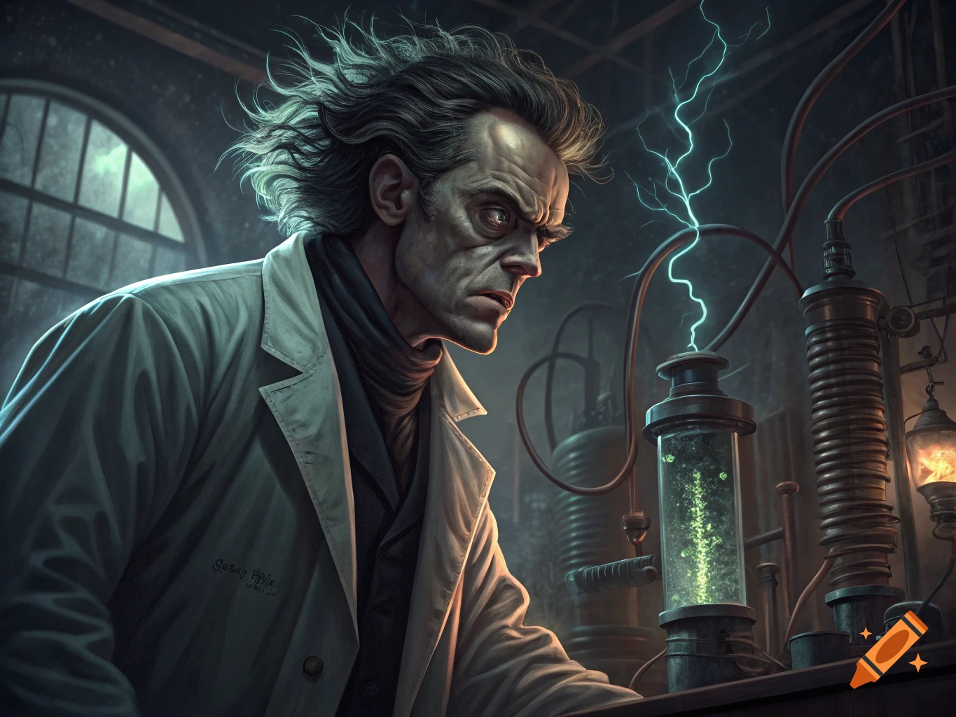 A mad scientist or monster in a laboratory leans over equipment with electric arcs.