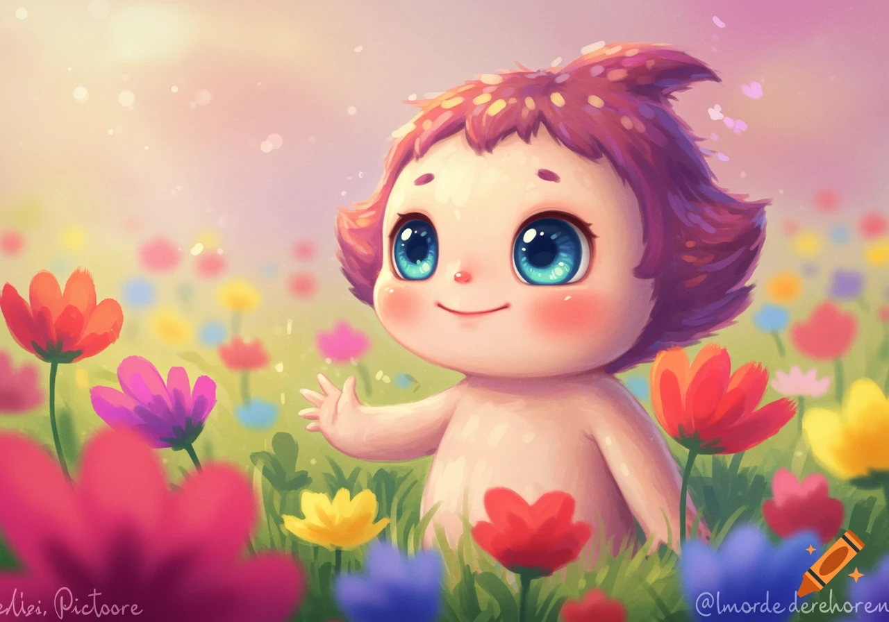 Cartoon child with big eyes in a field of colorful flowers, illustration style.