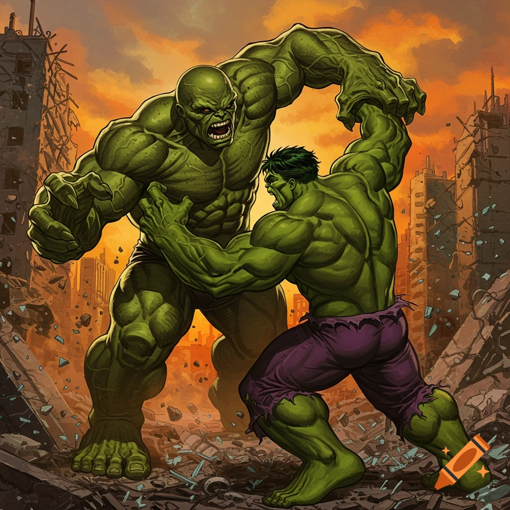 Hulk fighting Abomination in a destroyed city.