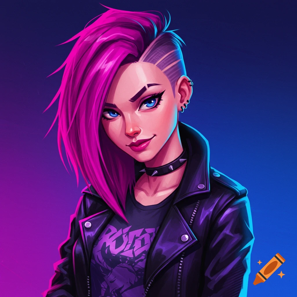 Portrait of a woman with pink punk hair, blue eyes, leather jacket, and spiked collar.