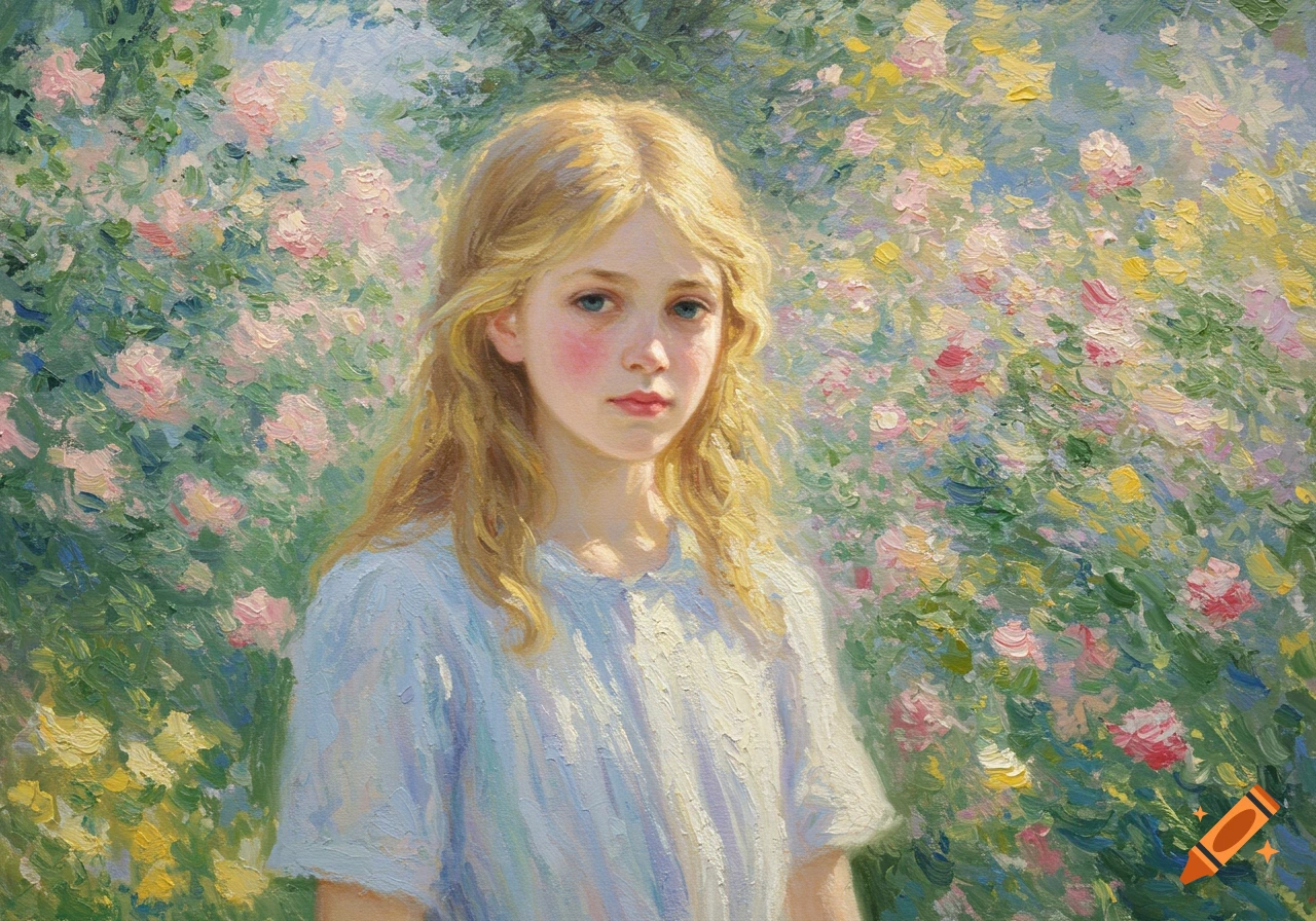 Impressionist painting of a blonde girl in a garden with flowers.
