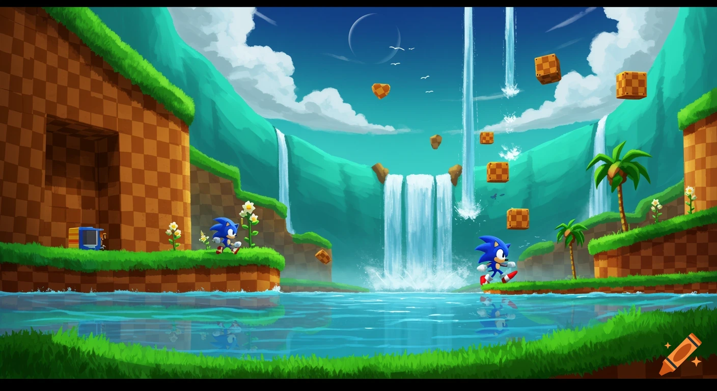 Sonic the Hedgehog running through a vibrant Green Hill Zone landscape with waterfalls, lake, and floating blocks.