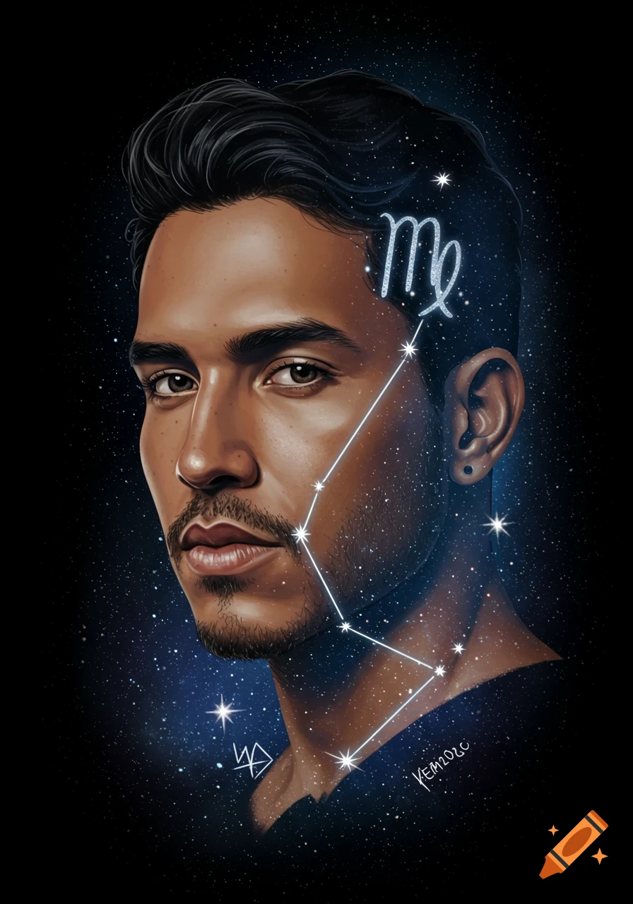 A man's face with the Virgo constellation overlaid on it, set against a background of stars.