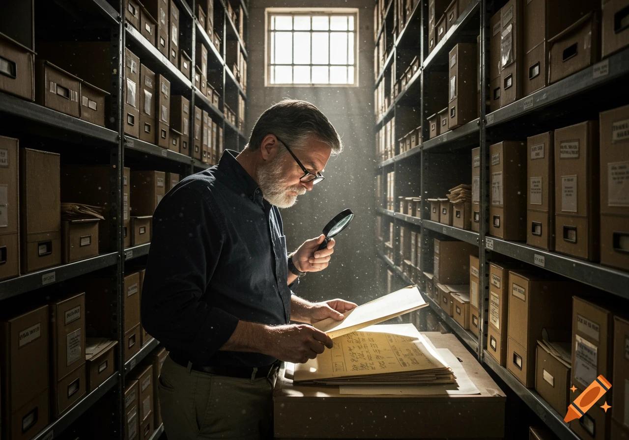 Photorealistic image of a man using a magnifying glass to examine documents in a dusty archive.