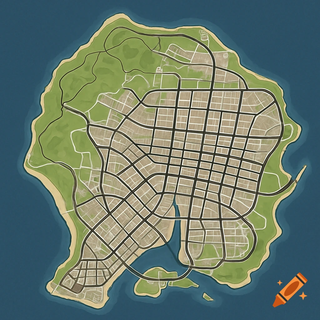 Top-down map of a fictional island city showing roads, buildings, green areas, and coastlines.
