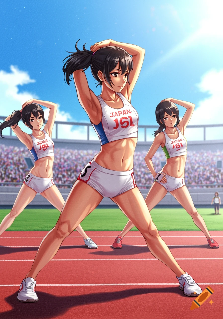 Three anime-style Japanese track athletes stretching on a sunny track.