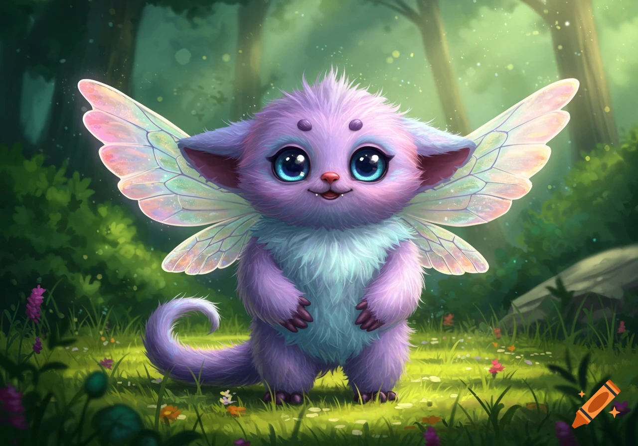 A fluffy purple creature with fairy wings stands in a forest clearing.