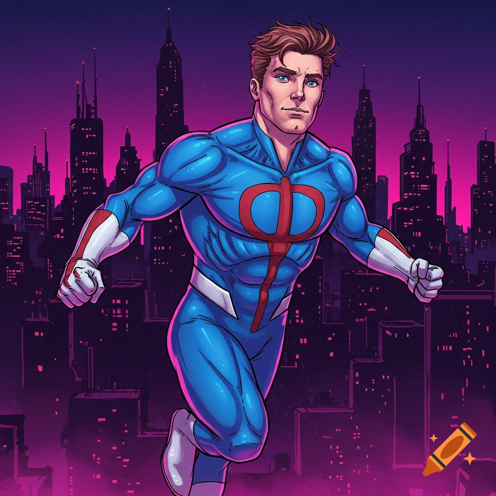 A superhero in a blue and red suit flies over a city skyline at night in a comic book style.