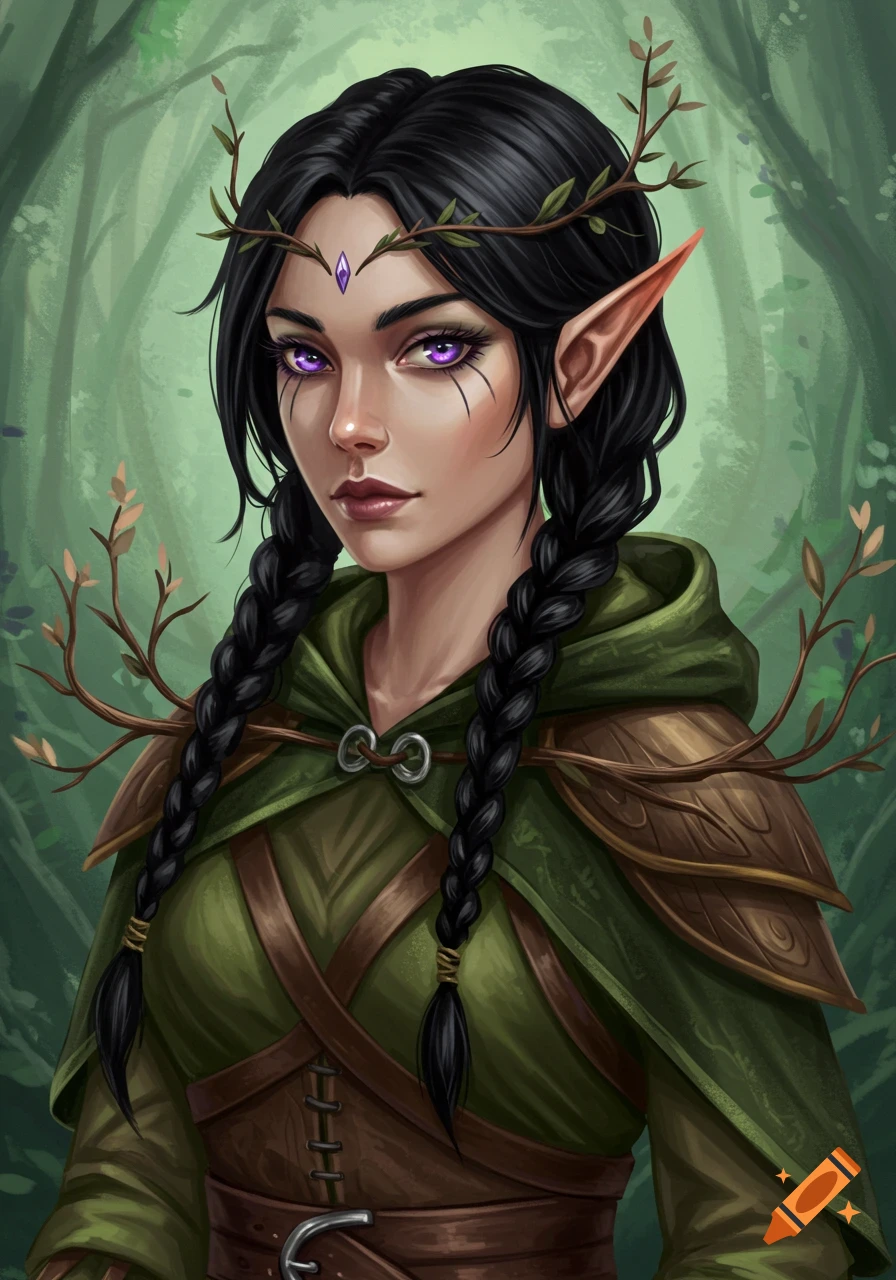 An elven druid woman with braids, green hooded robe, and purple eyes in a forest.