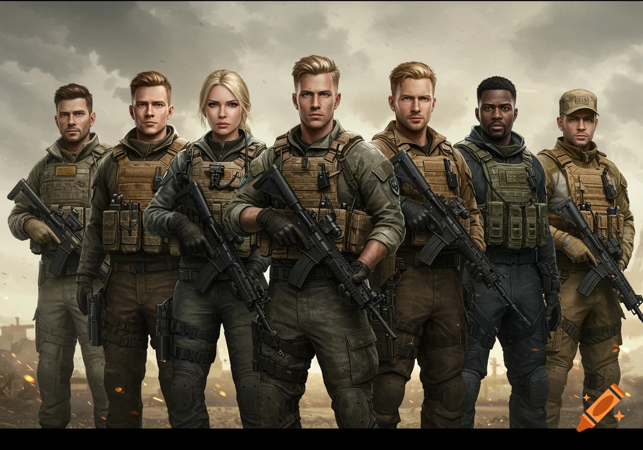 Six soldiers in tactical gear with rifles stand against a cloudy battlefield background.