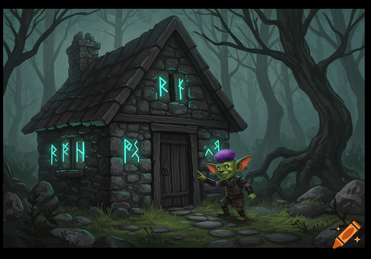 A cartoonish goblin points at a stone cottage with glowing runes in a dark, misty forest. Digital illustration.