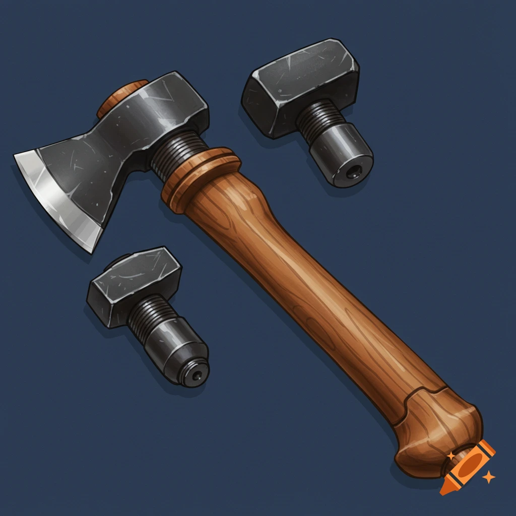 An axe head, two hammer heads, and a wooden tool handle with a threaded end.