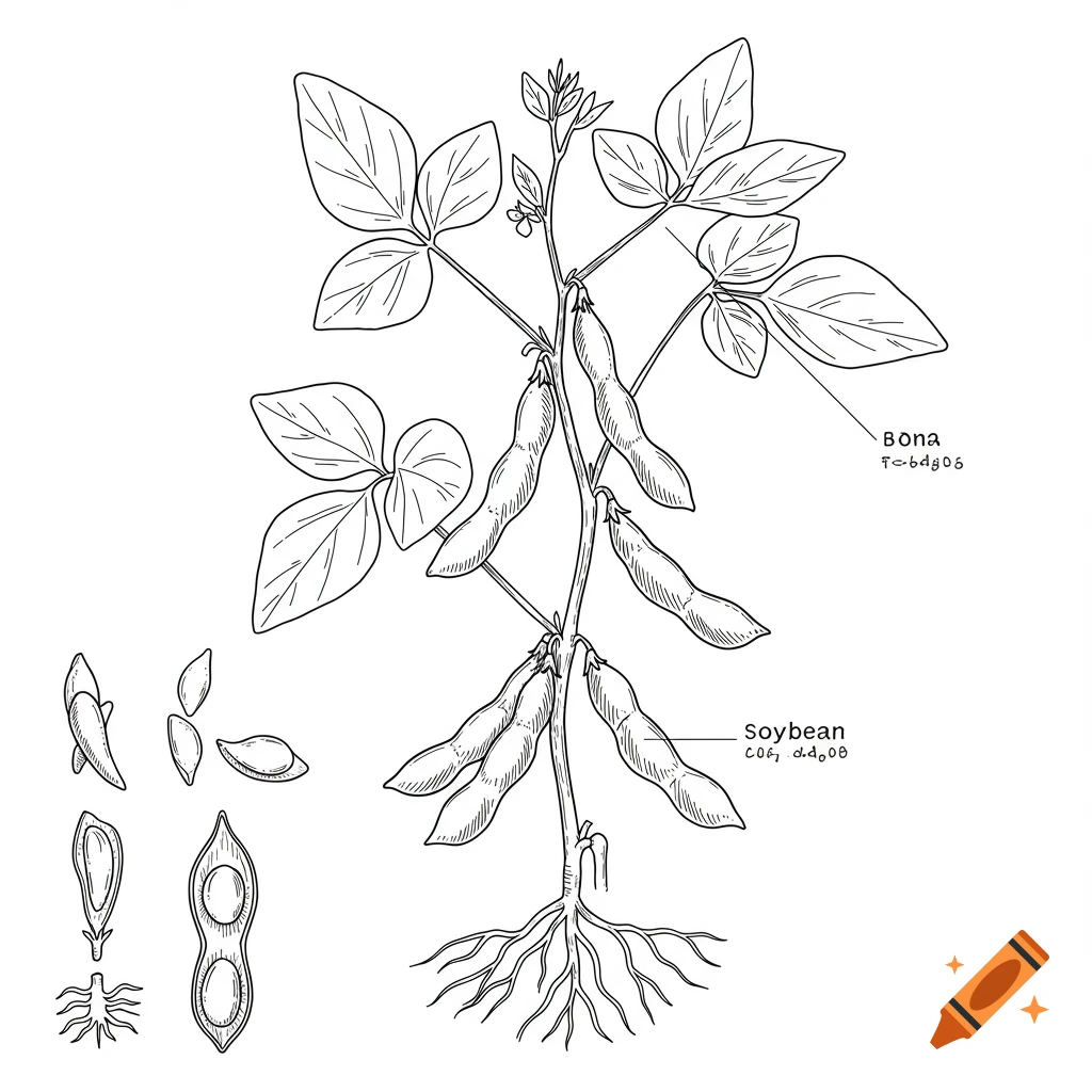 Line illustration of a soybean plant with roots, leaves, pods, and seeds