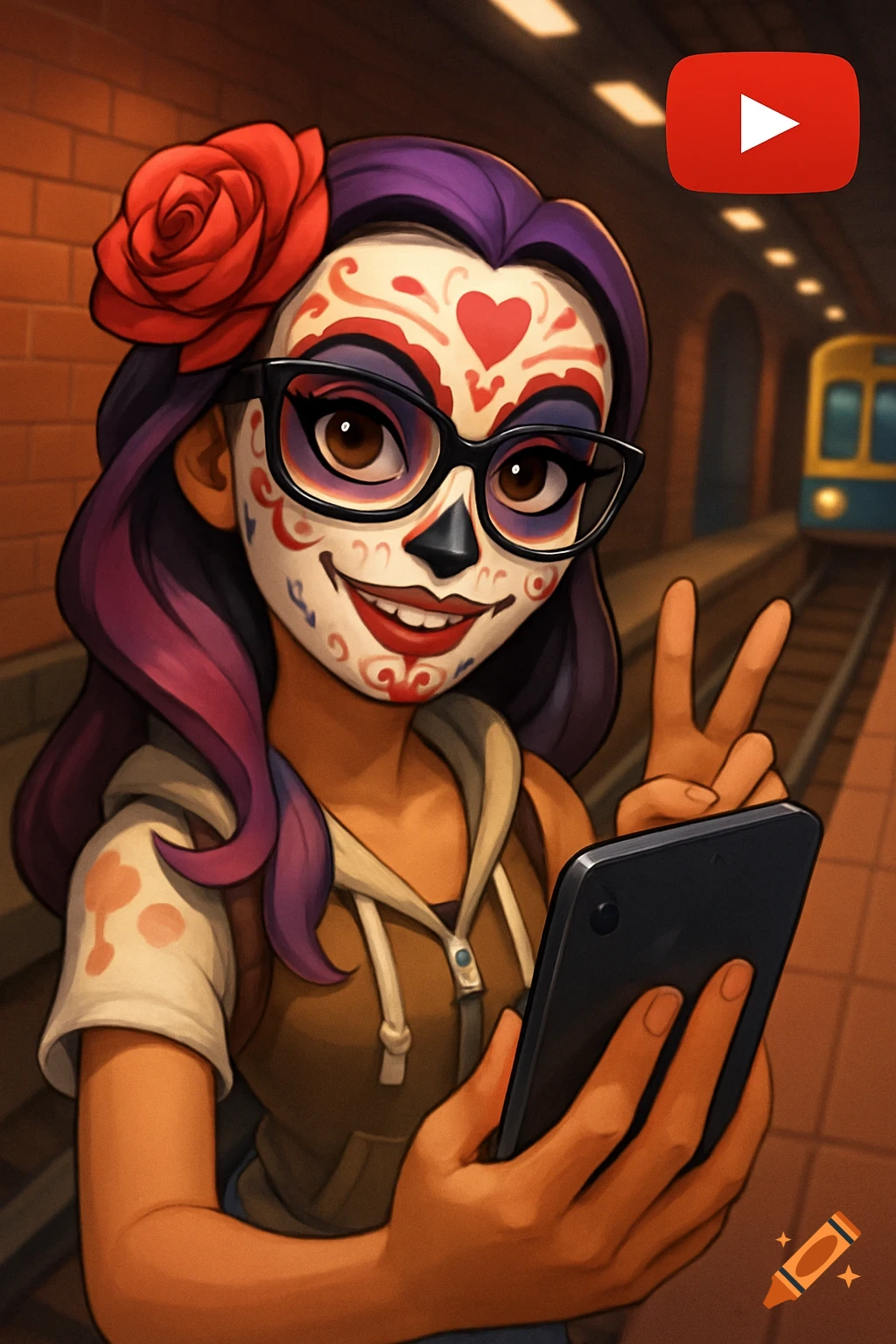 Cartoon character with sugar skull makeup taking a selfie in a subway.