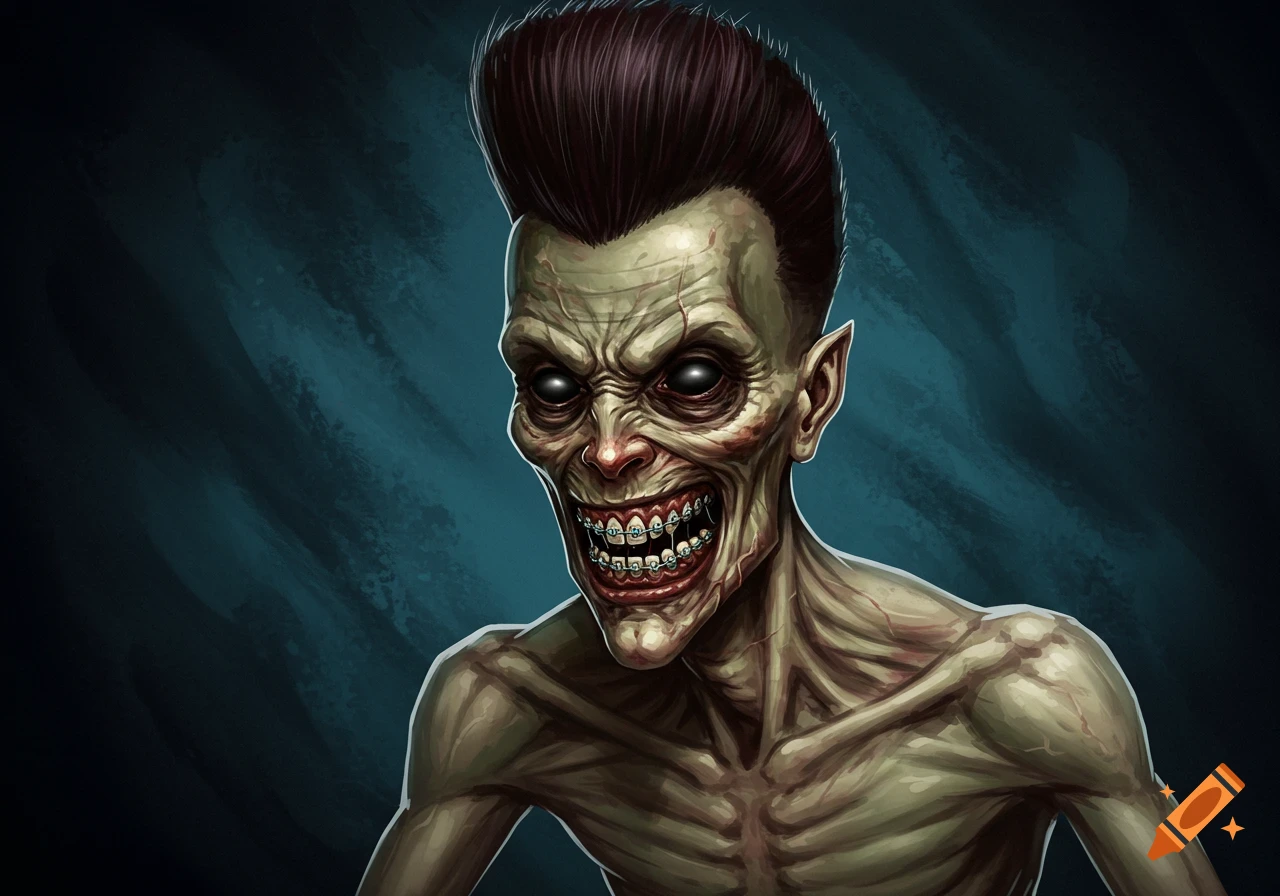A creepy skinny monster with a pompadour and braces.
