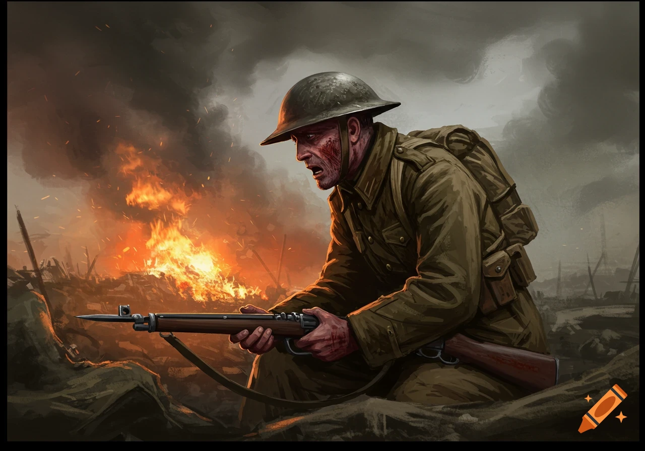 WWI soldier with a rifle, kneeling in a war-torn landscape with fire.