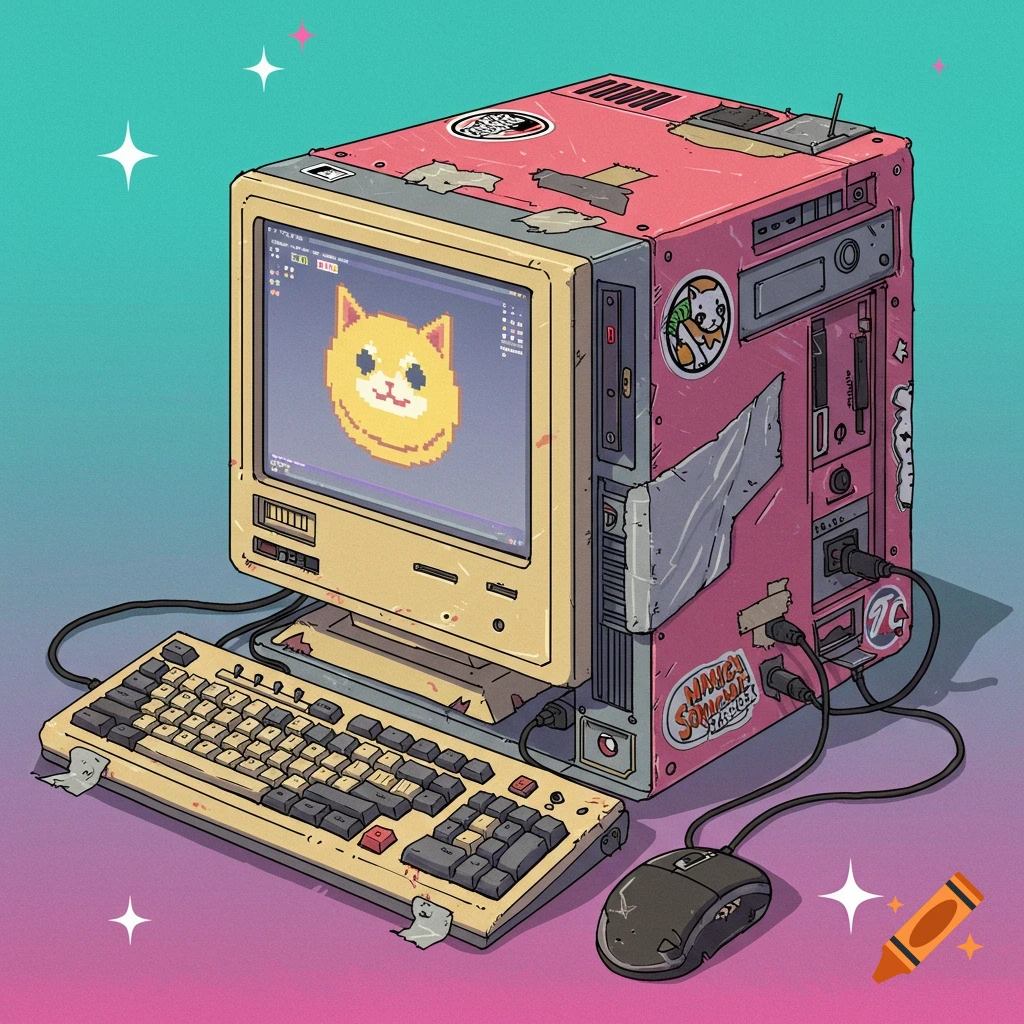 A retro desktop computer with a pixel art cat face on the monitor, keyboard, and mouse.