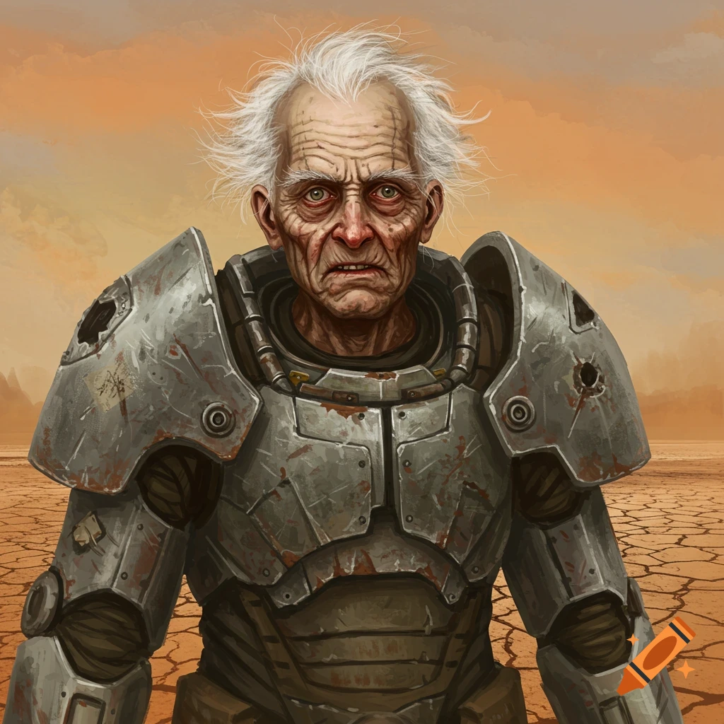 An old man with white hair in worn power armor standing in a cracked wasteland