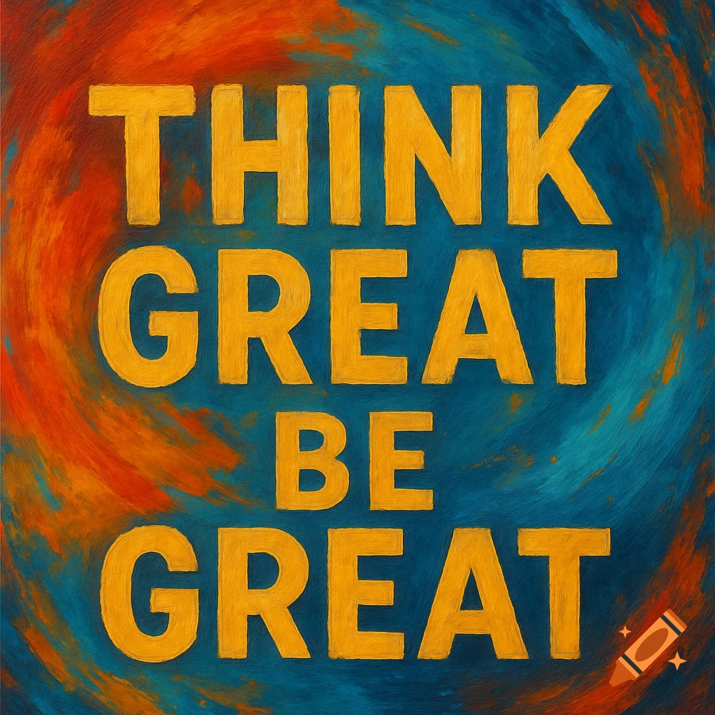 The text THINK GREAT BE GREAT on an abstract orange and blue background.