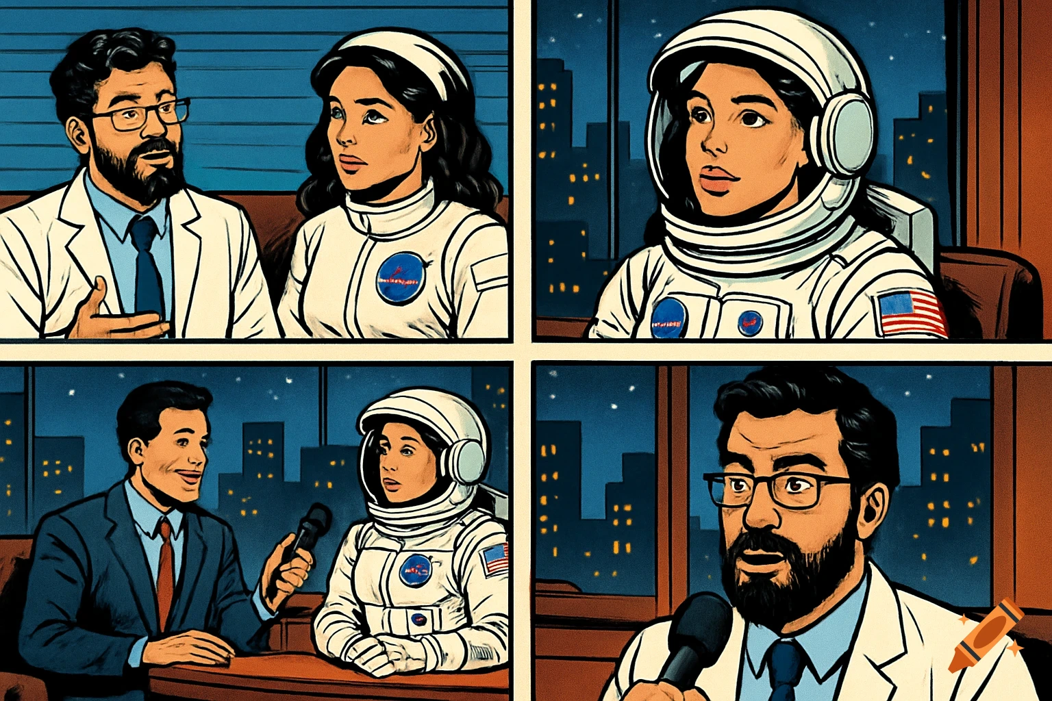 Comic book panels show a scientist interviewing an astronaut on a talk ...