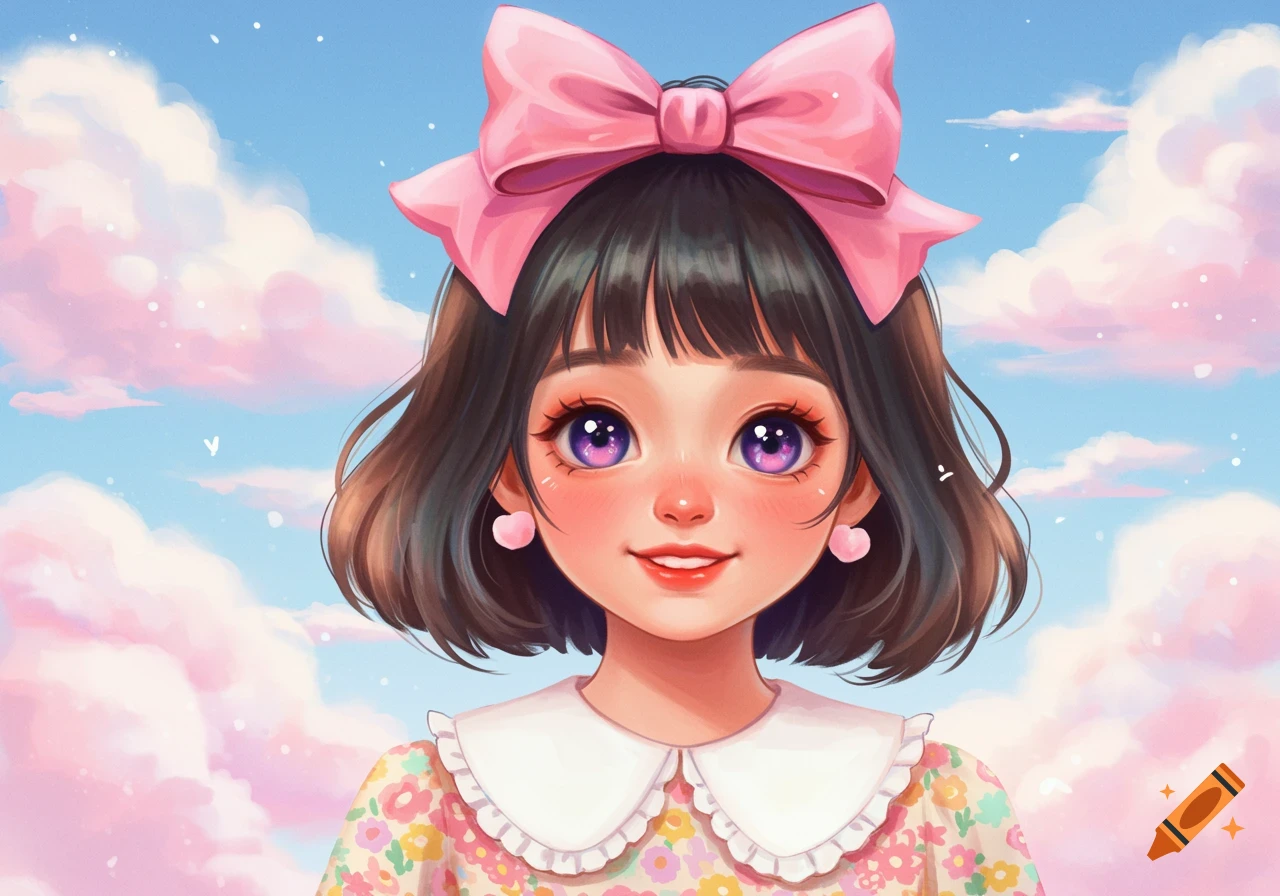 Picture of a cute anime girl with a pink bow and purple eyes smiling under a cloudy sky.