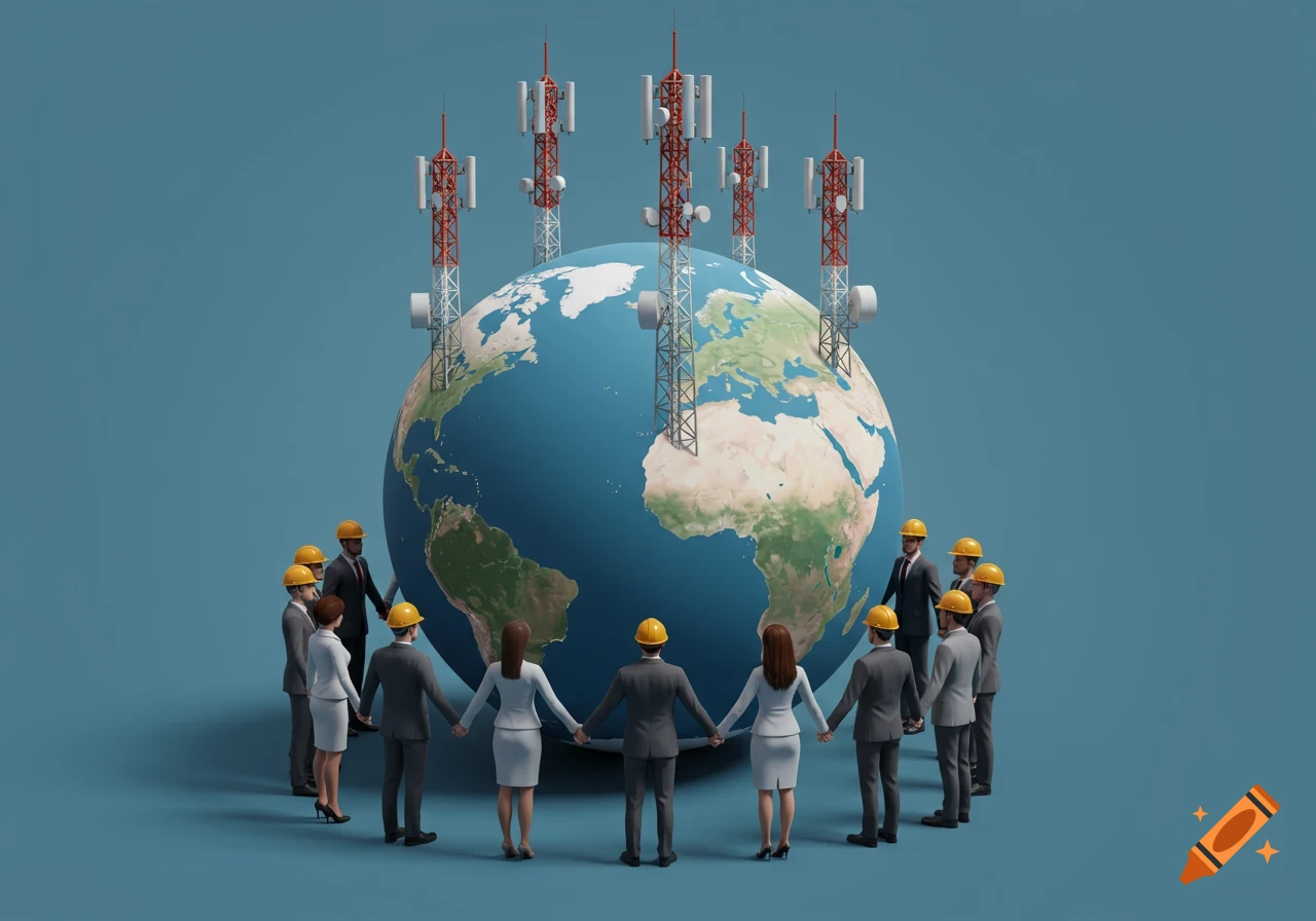 A diverse team in business attire and hard hats holding hands around a globe with cell towers on it. 3D render.