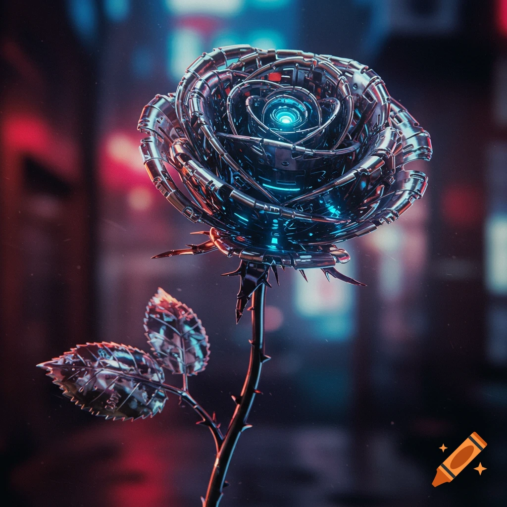 A metallic robotic rose with a glowing blue core against a blurry city background.