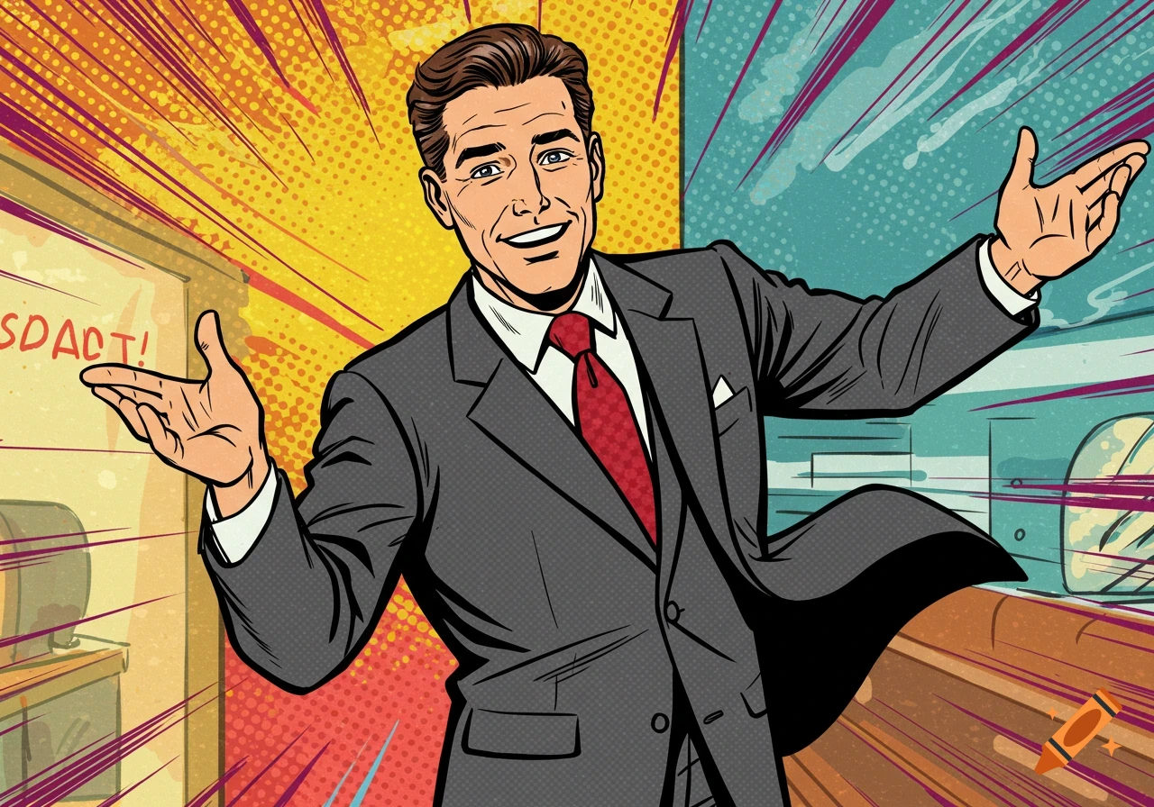 Man in a suit gesturing dramatically in comic book style.