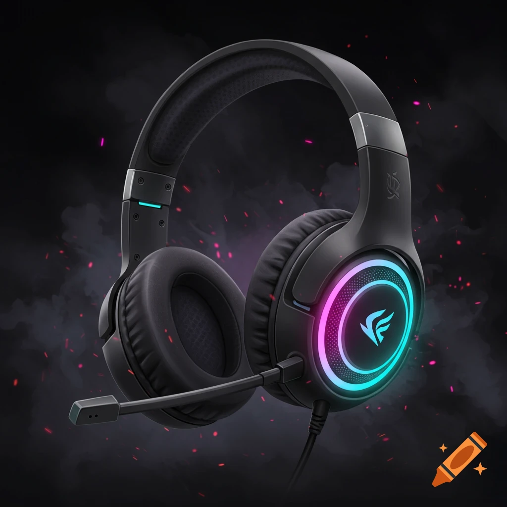 A pair of black gaming headphones with pink and blue RGB lighting on the earcups.