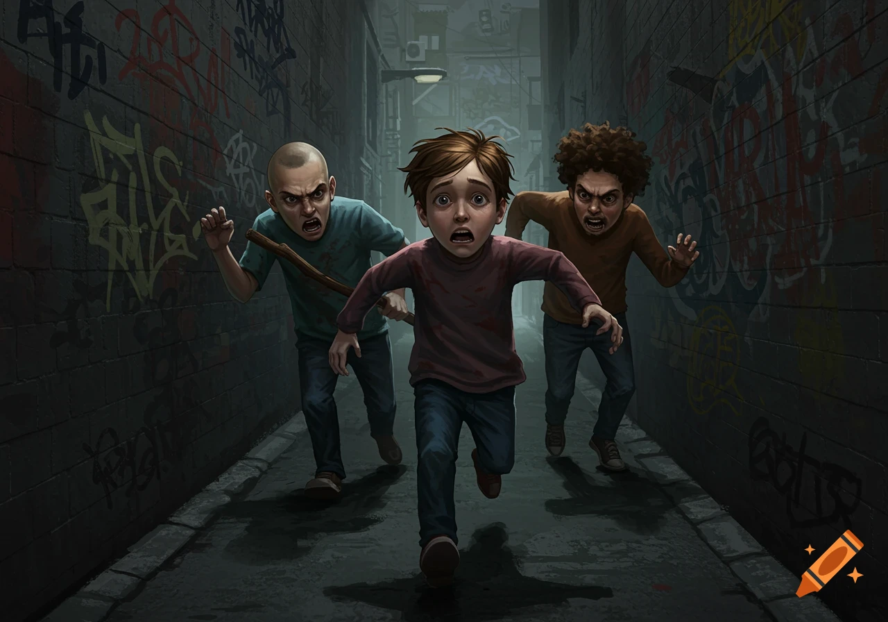 A terrified boy runs from three menacing bullies with sticks in a dark, graffiti-covered alley.