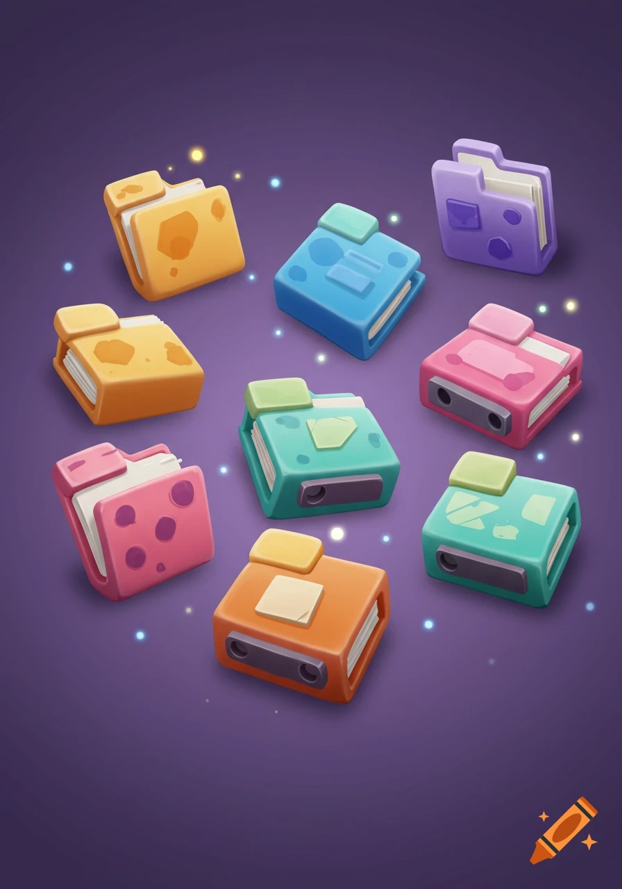 Colorful stylized folder icons on a purple background with sparkles.