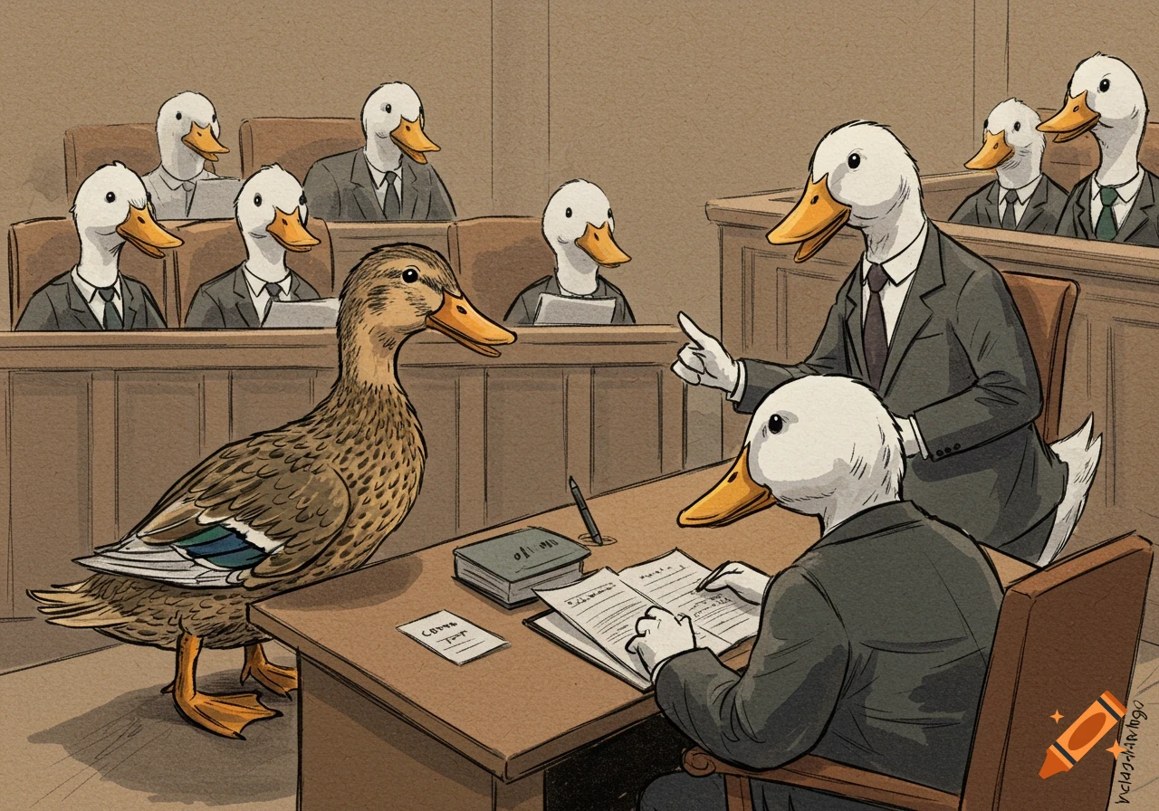Mallard duck stands before a courtroom of white ducks in suits, courtroom sketch style.