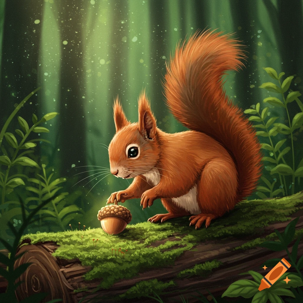 A squirrel reaching for an acorn on a mossy log in a forest.